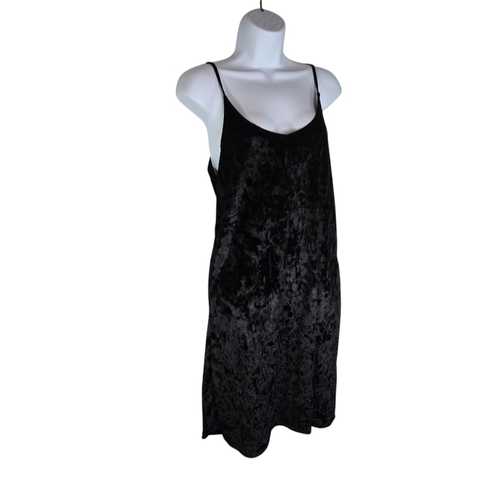 Vernacular black stretch velour spaghetti strap slip lbd dress